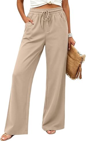 JEKAOYI Wide Leg Pants for Women Flowy Palazzo Drawstring Elastic Waist Trousers with Pockets Summer Beach Vacation Pants in Kuwait