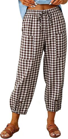 Women's Plaid Pants Drawstring Elastic Casual Loose Summer Cropped Gingham Ankle Capris with Pockets in Saudi Arabia