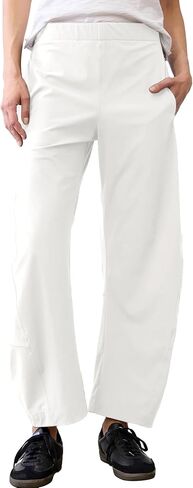 SeeLuNa Women Barrel Travel Pants Elastic Waistband Tapered Leg Baggy Mid Rise Work Trousers Lounge Pant with Pockets(White,S) in Saudi Arabia