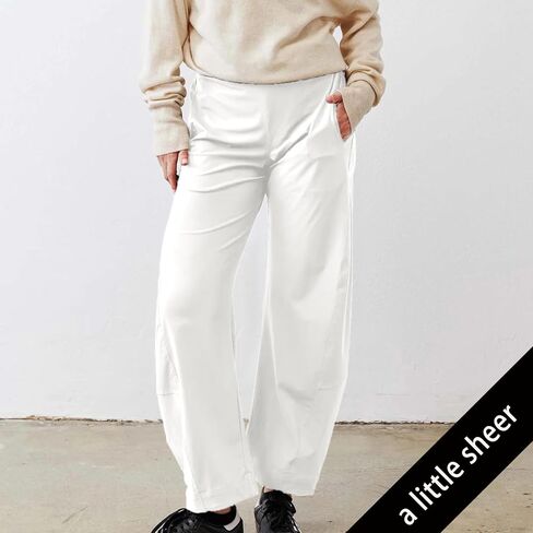 SeeLuNa Women Barrel Travel Pants Elastic Waistband Tapered Leg Baggy Mid Rise Work Trousers Lounge Pant with Pockets(White,S) in Saudi Arabia