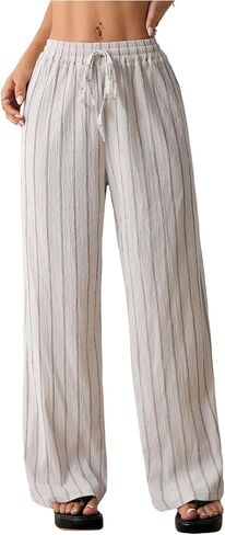 GORGLITTER Women's Low Rise Pants Striped Wide Leg Baggy Summer Vacation Loose Casual Track Trousers in Kuwait