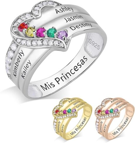 Customized 925 Sterling Silver Mother's Ring with 1-8 Birthstones, Engraved Name Band for Women, Unique Family Heart Ring for Wife or Grandmother, Exquisite Jewelry Gift for Her in Saudi Arabia