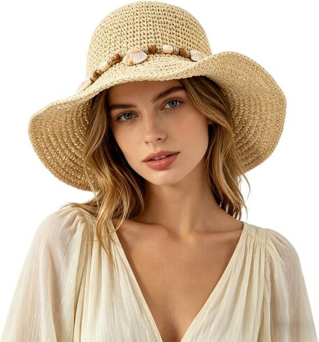 Women's Crochet Straw Beach Hat Bohemian Seashell Beaded Wide Brim Sun Hat Breathable UV Protection Summer Cap in Kuwait