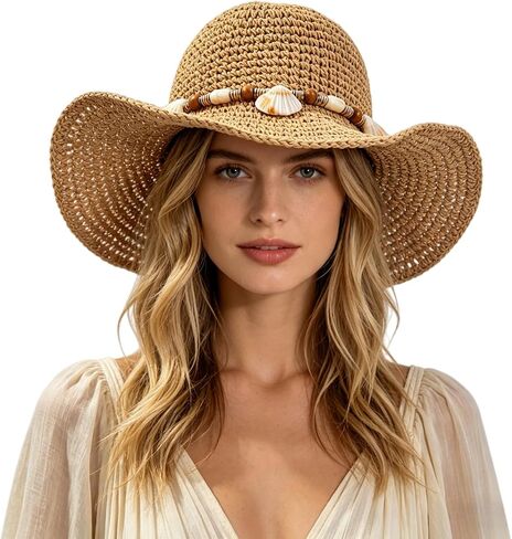 Women's Crochet Straw Beach Hat Bohemian Seashell Beaded Wide Brim Sun Hat Breathable UV Protection Summer Cap in Kuwait