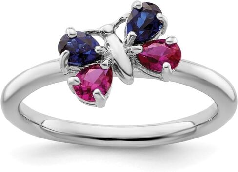 Diamond2Deal Sterling Silver Stackable Expressions Ruby & Sapphire Butterfly Ring Size 5 to 10 (0.8Ct) in Kuwait