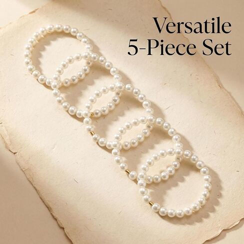 5 Pcs Faux Pearl Rings for Women - Elegant Vintage Stackable Rings Sets. Beautiful Handmade Beaded Ring Featuring Durable Stretch Bands, Perfect Daily Accessories in Saudi Arabia
