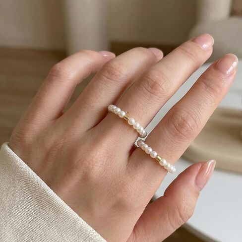 5 Pcs Faux Pearl Rings for Women - Elegant Vintage Stackable Rings Sets. Beautiful Handmade Beaded Ring Featuring Durable Stretch Bands, Perfect Daily Accessories in Saudi Arabia