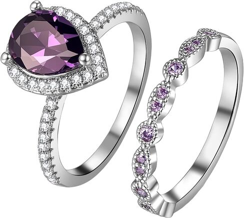 OIDEA Amethyst Ring for Women: 3CT Tear Drop Shape Cubic Zirconia Eternity Promise Ring Set for Her Stackable Statement Engagement Wedding Ring Band in Kuwait