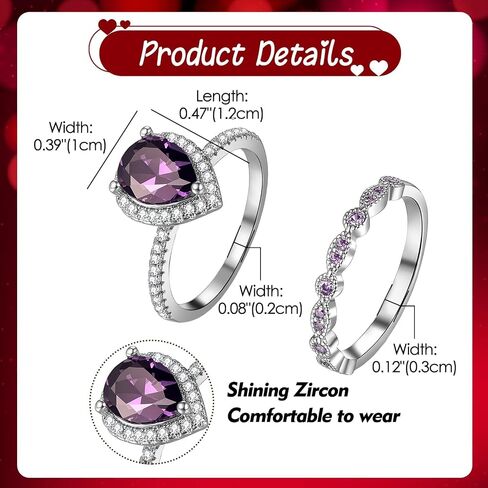 OIDEA Amethyst Ring for Women: 3CT Tear Drop Shape Cubic Zirconia Eternity Promise Ring Set for Her Stackable Statement Engagement Wedding Ring Band in Kuwait