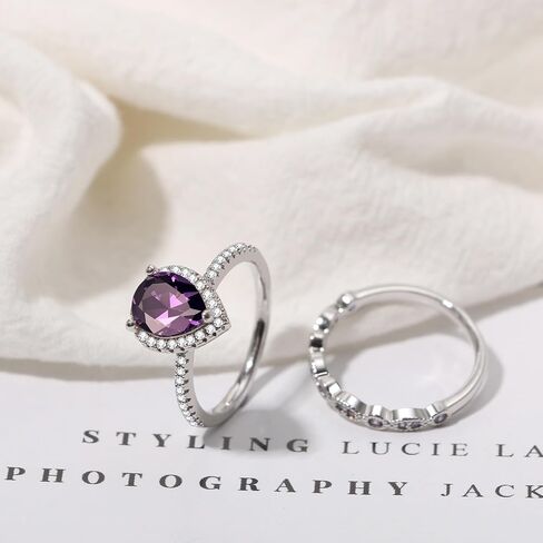 OIDEA Amethyst Ring for Women: 3CT Tear Drop Shape Cubic Zirconia Eternity Promise Ring Set for Her Stackable Statement Engagement Wedding Ring Band in Kuwait