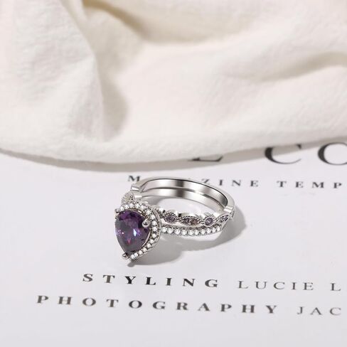 OIDEA Amethyst Ring for Women: 3CT Tear Drop Shape Cubic Zirconia Eternity Promise Ring Set for Her Stackable Statement Engagement Wedding Ring Band in Kuwait