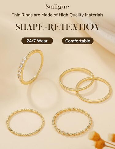 Staligue 14K Gold Plated Thin Stackable Rings for Women Non Tarnish-Dainty Thin Ring Set CZ Band Bead Minimalist Thumb Stacking Ring Size 6-10 in Saudi Arabia
