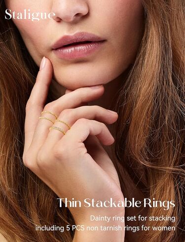 Staligue 14K Gold Plated Thin Stackable Rings for Women Non Tarnish-Dainty Thin Ring Set CZ Band Bead Minimalist Thumb Stacking Ring Size 6-10 in Saudi Arabia