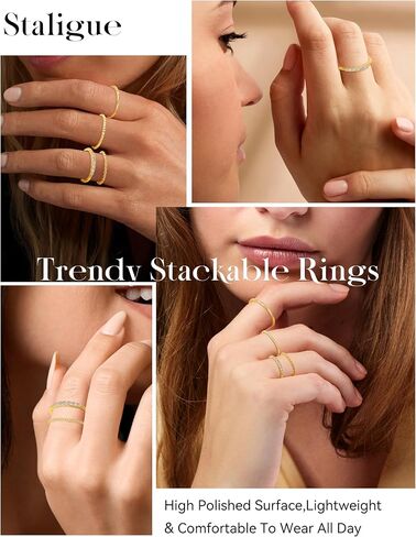 Staligue 14K Gold Plated Thin Stackable Rings for Women Non Tarnish-Dainty Thin Ring Set CZ Band Bead Minimalist Thumb Stacking Ring Size 6-10 in Saudi Arabia