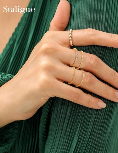 Staligue 14K Gold Plated Thin Stackable Rings for Women Non Tarnish-Dainty Thin Ring Set CZ Band Bead Minimalist Thumb Stacking Ring Size 6-10 in Saudi Arabia