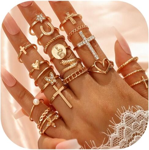 Gold Rings for Women Non Tarnish Stackable Rhinestone Moon Star Rings Dainty Stacking Pearl Butterfly Midi Pinky Thumb Joint Finger Knuckle Ring Set Gold Non Tarnish Jewelry Gifts Trendy Stuff in Saudi Arabia