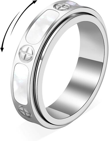 Fidget Ring for Women - Mother of Pearl Shell Cross 18K Gold Plated Love Ring Anxiety Relief Non Tarnish Stainless Steel Stackable Engagement Band in Saudi Arabia