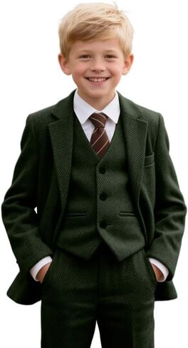 4 Piece Green Herringbone Tweed Boy Suit for Kids Christmas Halloween Prom Party Clothes Dress Outfits Kids Formal Teen Tuxedo Toddler Wedding Ring Bearer Outfit Size 12 in Saudi Arabia