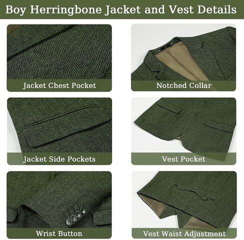 4 Piece Green Herringbone Tweed Boy Suit for Kids Christmas Halloween Prom Party Clothes Dress Outfits Kids Formal Teen Tuxedo Toddler Wedding Ring Bearer Outfit Size 12 in Saudi Arabia
