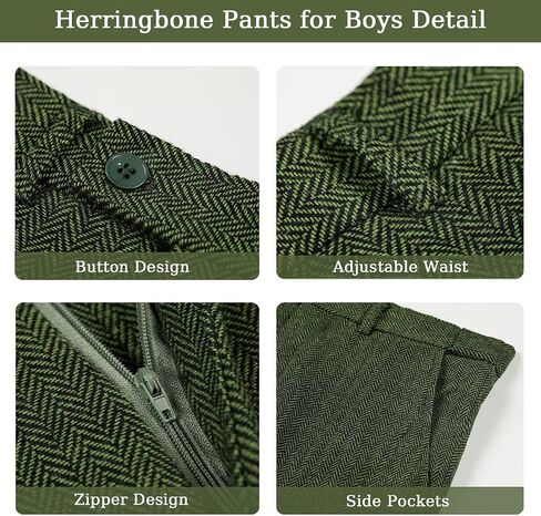 4 Piece Green Herringbone Tweed Boy Suit for Kids Christmas Halloween Prom Party Clothes Dress Outfits Kids Formal Teen Tuxedo Toddler Wedding Ring Bearer Outfit Size 12 in Saudi Arabia