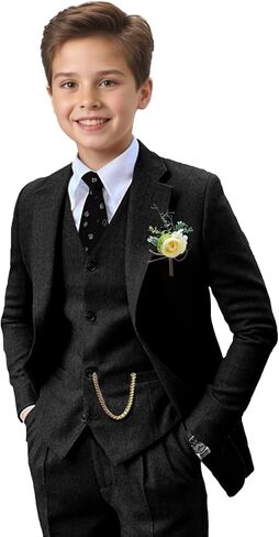 Tweed Suit for Boys Herringbone 3 Piece Slim Fit Tuxedo Stylish Jacket Vest Pants Set Wedding Christmas Homecoming in Saudi Arabia