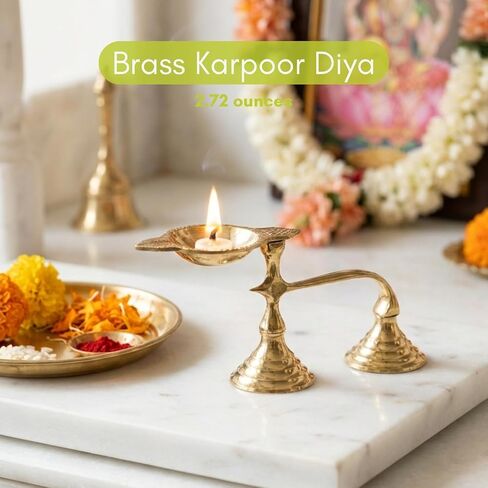 Vedic Charya Brass Karpoor Diya | Golden Kapoor Aarti Deepam | Spiritual Decor Indian Religious Festivals | Dani Holder Ghee Single Face Diya for Puja, Home Mandir, Wedding & Return Gifts - 2.5 inch in Saudi Arabia