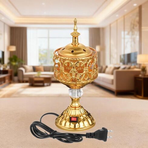 Golden Electric Incense Burner, Arabian Style Frankincense Electric Incense Holder with US Plug, Middle Eastern Tabletop Decorative Censer for Home Office Yoga Spa Church, Resin Burner for Gift in Saudi Arabia