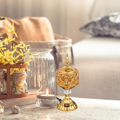 Golden Electric Incense Burner, Arabian Style Frankincense Electric Incense Holder with US Plug, Middle Eastern Tabletop Decorative Censer for Home Office Yoga Spa Church, Resin Burner for Gift in Saudi Arabia