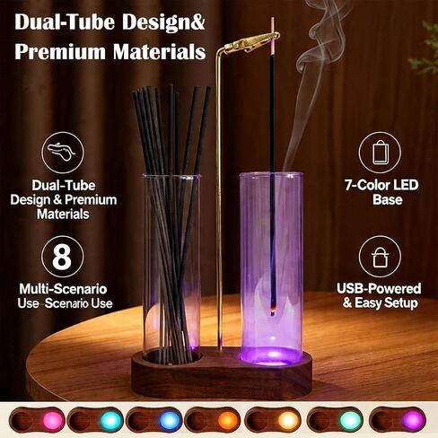 Glass Glowing Incense Holder - Modern Double Tube Incense Stick Burner with Ash Catcher - Aesthetic 2-in-1 Fragrance Display for Palo Santo, Sage & Candles - Zen Decor for Yoga & Meditation in Saudi Arabia
