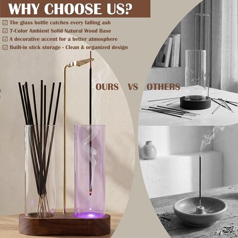 Glass Glowing Incense Holder - Modern Double Tube Incense Stick Burner with Ash Catcher - Aesthetic 2-in-1 Fragrance Display for Palo Santo, Sage & Candles - Zen Decor for Yoga & Meditation in Saudi Arabia