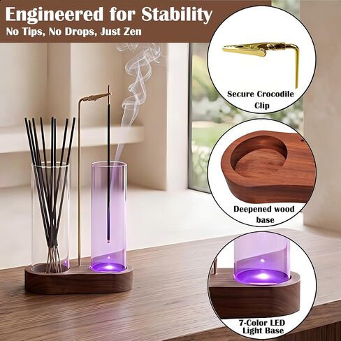 Glass Glowing Incense Holder - Modern Double Tube Incense Stick Burner with Ash Catcher - Aesthetic 2-in-1 Fragrance Display for Palo Santo, Sage & Candles - Zen Decor for Yoga & Meditation in Saudi Arabia