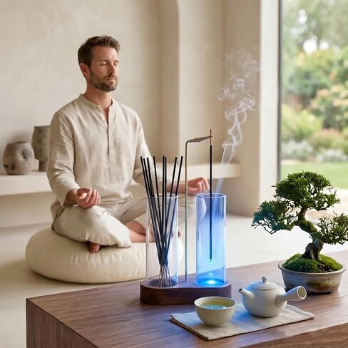 Glass Glowing Incense Holder - Modern Double Tube Incense Stick Burner with Ash Catcher - Aesthetic 2-in-1 Fragrance Display for Palo Santo, Sage & Candles - Zen Decor for Yoga & Meditation in Saudi Arabia