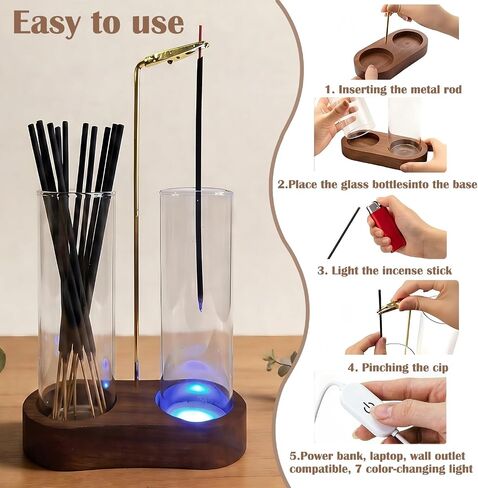 Glass Glowing Incense Holder - Modern Double Tube Incense Stick Burner with Ash Catcher - Aesthetic 2-in-1 Fragrance Display for Palo Santo, Sage & Candles - Zen Decor for Yoga & Meditation in Saudi Arabia