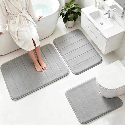 Memory Foam Bath Mat Set 3 Piece，Super Soft Absorbent Bathroom Rug Non Slip, Quick Dry,Machine Wash, Perfect Plush Bathroom Rugs,Home Decor Accessories,Grey in Saudi Arabia