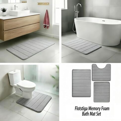 Memory Foam Bath Mat Set 3 Piece，Super Soft Absorbent Bathroom Rug Non Slip, Quick Dry,Machine Wash, Perfect Plush Bathroom Rugs,Home Decor Accessories,Grey in Saudi Arabia