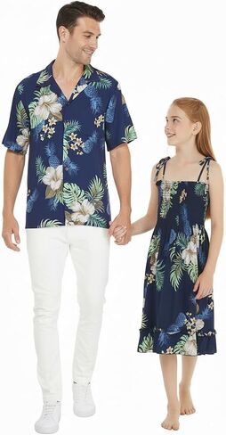 Matchable Hawaiian Luau Father Daughter Men Shirt or Girl Elastic Tube Dress in Pineapple Garden Navy in Kuwait