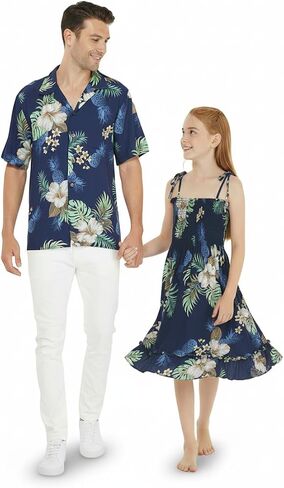 Matchable Hawaiian Luau Father Daughter Men Shirt or Girl Elastic Tube Dress in Pineapple Garden Navy in Kuwait