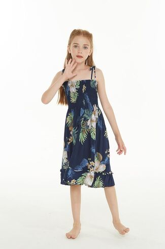 Matchable Hawaiian Luau Father Daughter Men Shirt or Girl Elastic Tube Dress in Pineapple Garden Navy in Kuwait