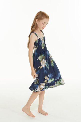 Matchable Hawaiian Luau Father Daughter Men Shirt or Girl Elastic Tube Dress in Pineapple Garden Navy in Kuwait