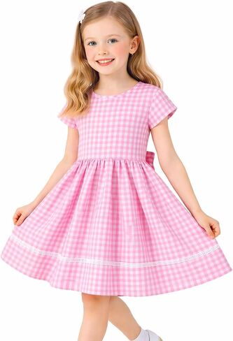 HILEELANG Girls Gingham Dress Cotton Short Sleeve Spring Summer Dresses for 3-13 Years in Kuwait