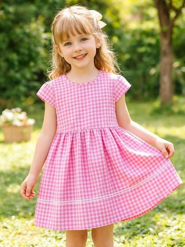 HILEELANG Girls Gingham Dress Cotton Short Sleeve Spring Summer Dresses for 3-13 Years in Kuwait