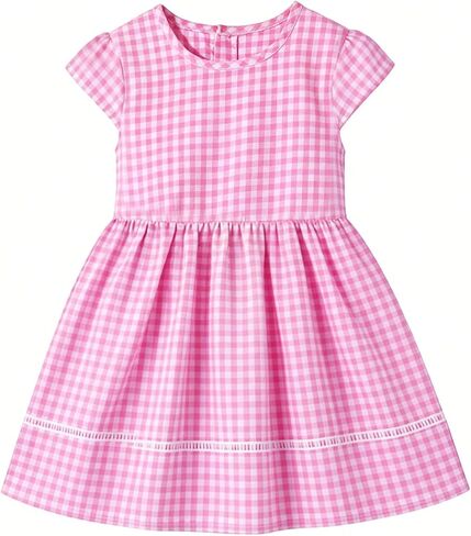 HILEELANG Girls Gingham Dress Cotton Short Sleeve Spring Summer Dresses for 3-13 Years in Kuwait