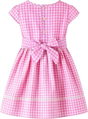 HILEELANG Girls Gingham Dress Cotton Short Sleeve Spring Summer Dresses for 3-13 Years in Kuwait