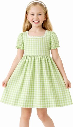HILEELANG Girls Gingham Dress Cotton Short Sleeve Spring Summer Dresses for 3-13 Years in Kuwait