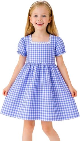 HILEELANG Girls Gingham Dress Cotton Short Sleeve Spring Summer Dresses for 3-13 Years in Kuwait