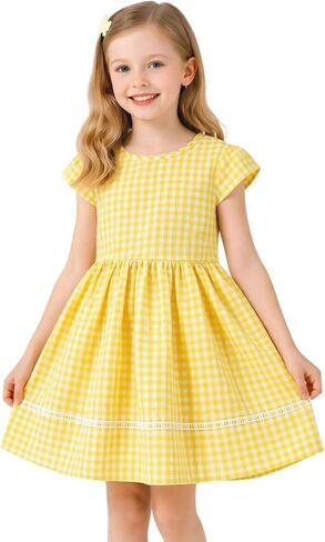 HILEELANG Girls Gingham Dress Cotton Short Sleeve Spring Summer Dresses for 3-13 Years in Kuwait