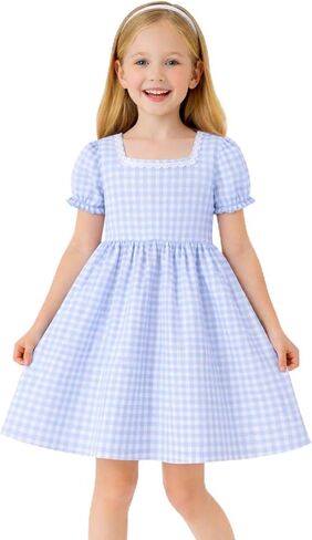 HILEELANG Girls Gingham Dress Cotton Short Sleeve Spring Summer Dresses for 3-13 Years in Kuwait