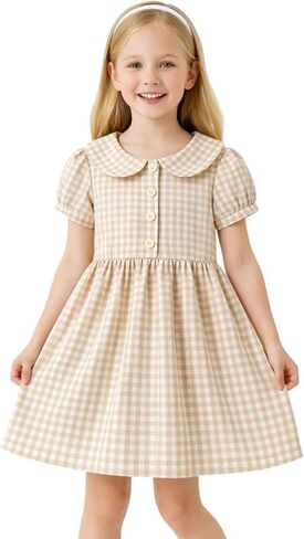 HILEELANG Girls Gingham Dress Cotton Short Sleeve Spring Summer Dresses for 3-13 Years in Kuwait