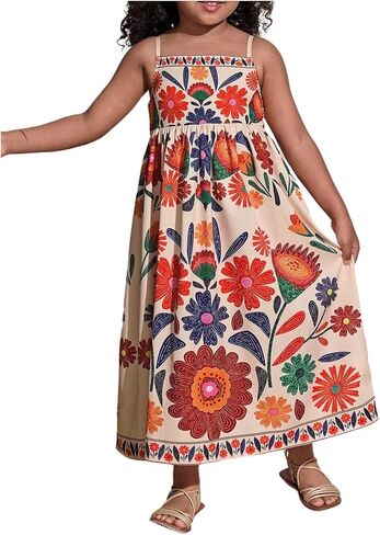 RoseSeek Girl's Boho Floral Dress Spaghetti Strap A Line Maxi Dress Casual Summer Beach Vacation Sundress in Kuwait