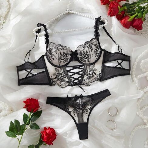 Sexy Tie Floral Embroidered Lingerie Sets for Women,Push Up Boned Bralette,Sexy Underwire Sexy Bra And Panty 2 Piece-Black in Kuwait